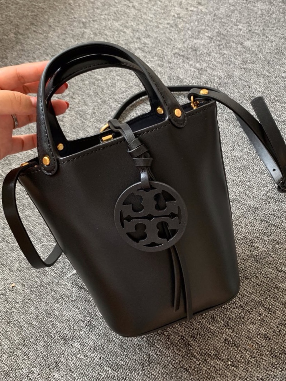 Tory Burch Black Leather Mini Tote Crossbody Bag with Logo Charm - Picture 5 of 5